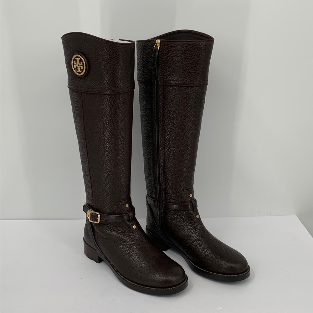 Tory Burch Teresa riding tall boots coconut brown leather zipper logo new 7.5 - Picture 2 of 7